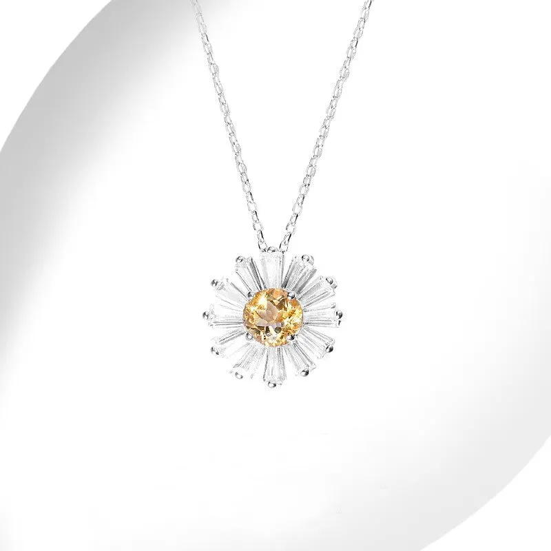 Charm Daisy Shaped Womens Citrine Pendant Sterling Silver Necklace For Women