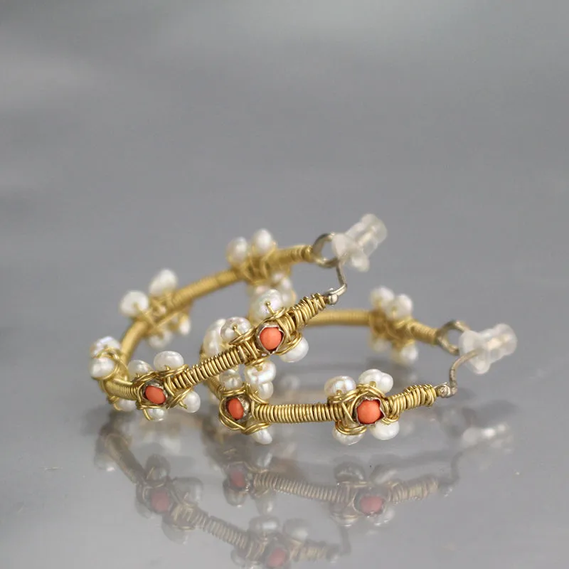 Coral Pearl Flower Hoop Earrings