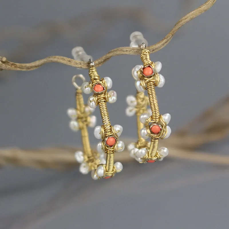 Coral Pearl Flower Hoop Earrings