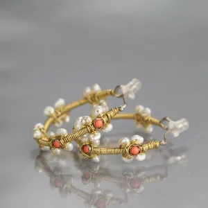 Coral Pearl Flower Hoop Earrings