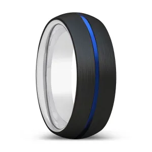 CRIMSON | Silver Ring, Black Tungsten Ring, Blue Groove, Domed