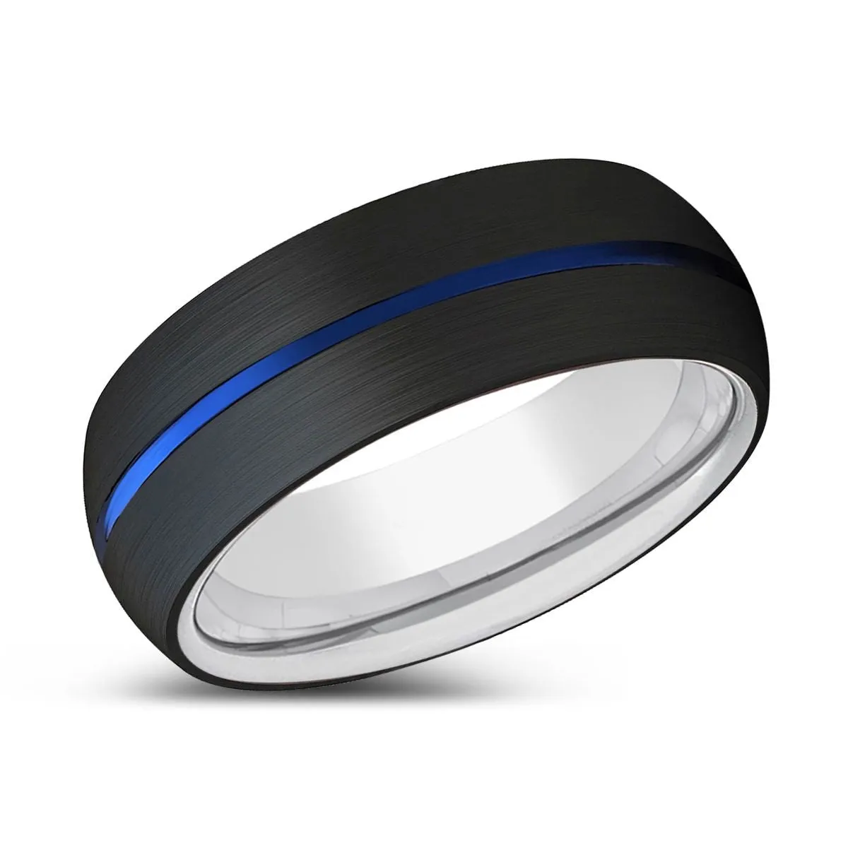 CRIMSON | Silver Ring, Black Tungsten Ring, Blue Groove, Domed