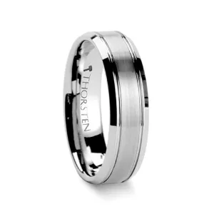 CRONUS | Silver Tungsten Ring, Brushed Center 2 Grooves, Domed