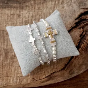 Cross Bracelets Set in Worn Silver Tone Boho Style