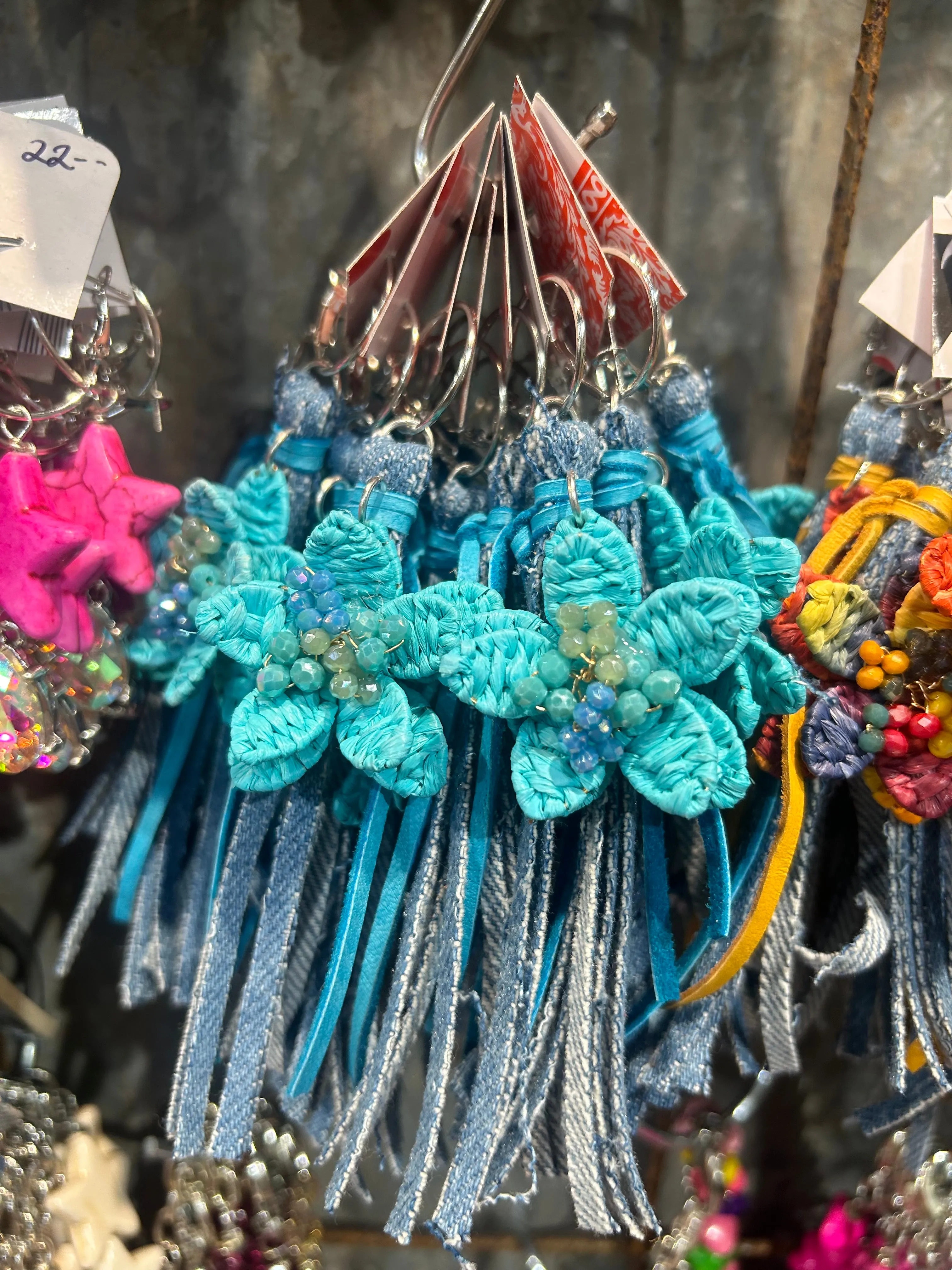 Denim Fringe Flower Hoop Earrings - Turquoise