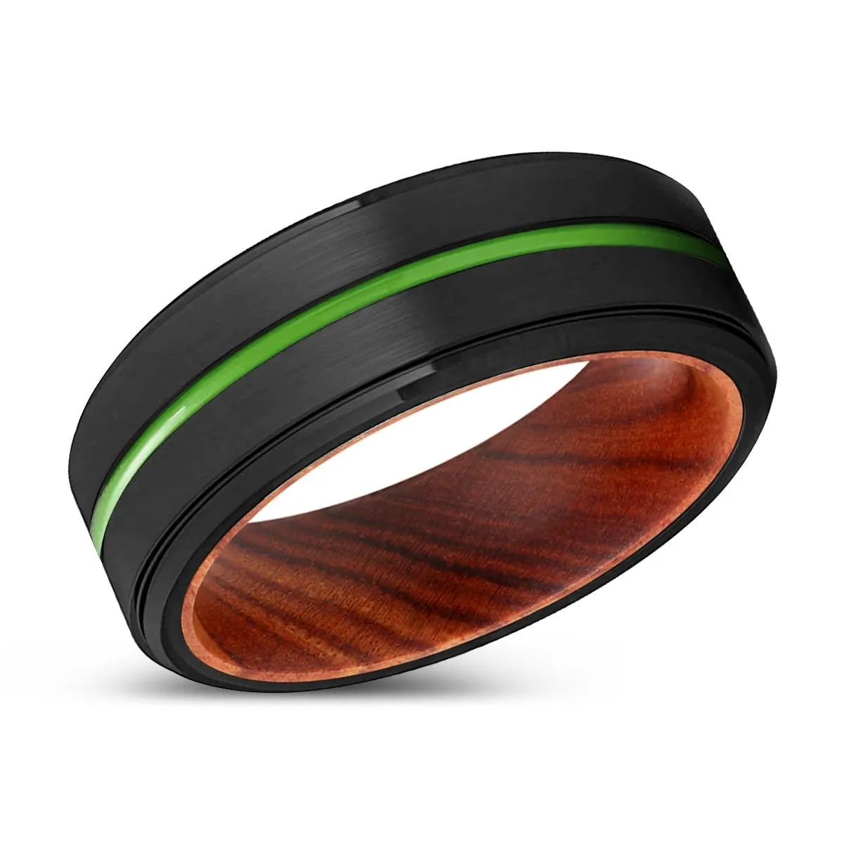 DENTON | IRON Wood, Black Tungsten Ring, Green Groove, Stepped Edge