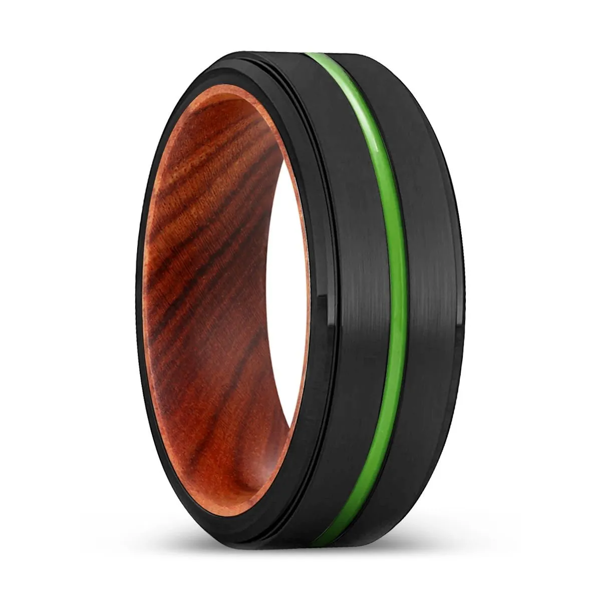 DENTON | IRON Wood, Black Tungsten Ring, Green Groove, Stepped Edge