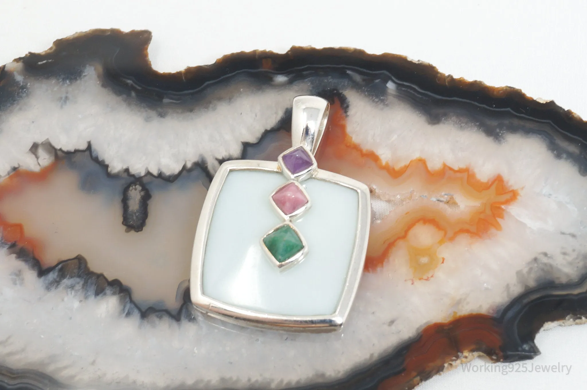 Designer Whitney Kelly Designs Multi Color Jade Sterling Silver Necklace Pendant