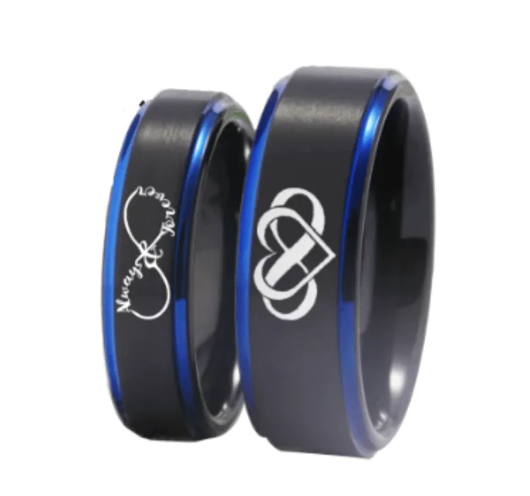 Eclipse Duo: Black & Blue Couple's Wedding Engagement Ring Set