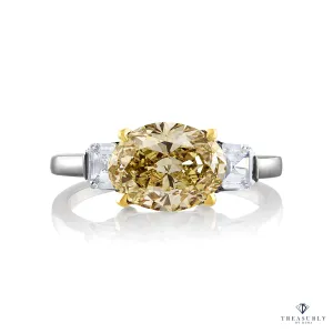 Estate GIA 2.74ct Natural Fancy Yellow OVAL 3 Stone Diamond Engagement Platinum Ring