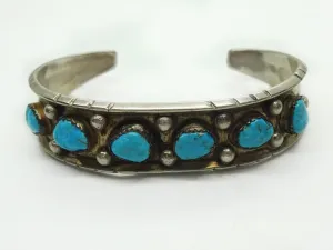 Estate Helen Long Navajo Artisan Signed Sterling Silver Turquoise Cuff Bracelet