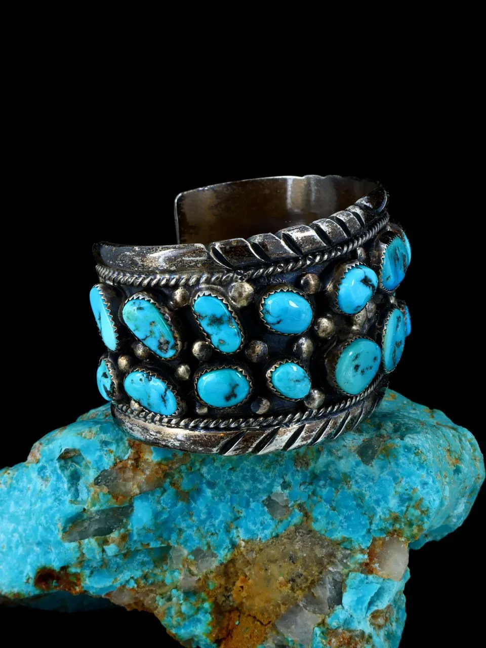 Estate Sterling Silver Turquoise Cluster Cuff Bracelet