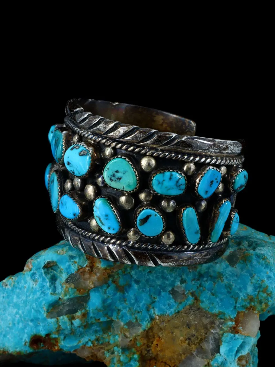 Estate Sterling Silver Turquoise Cluster Cuff Bracelet