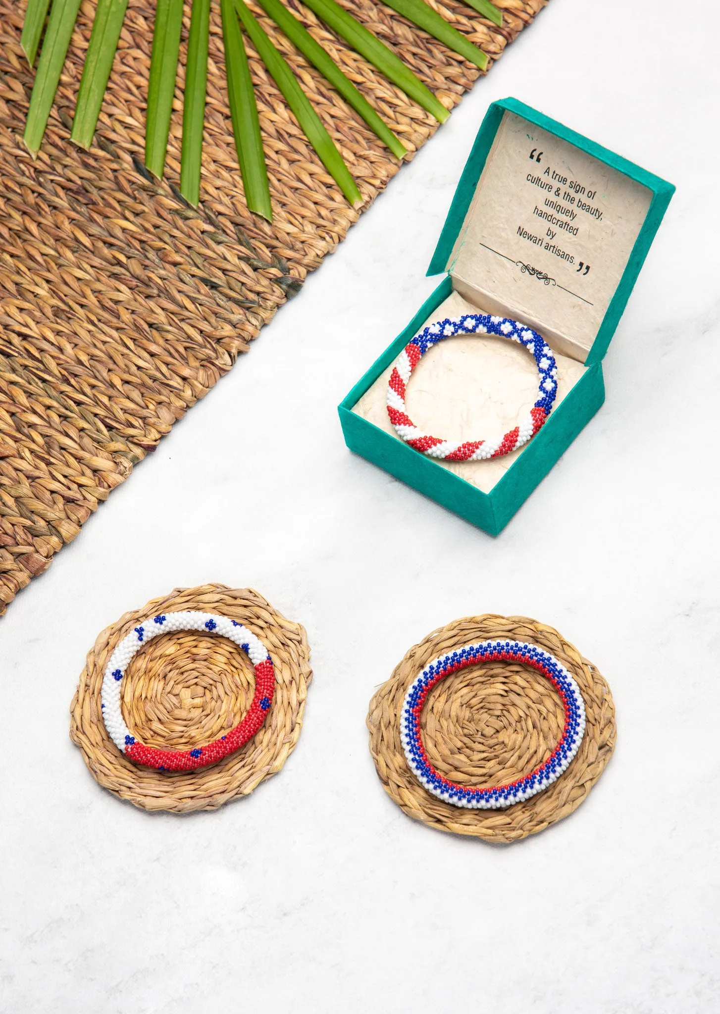 Fair Trade Nepalese Red Blue American Flag Roll on Beads Bracelet Set