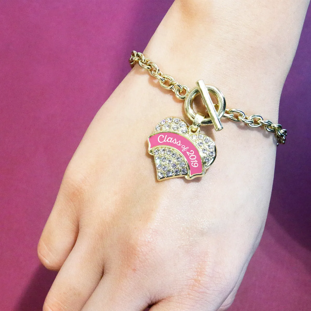 Gold Class of 2019 - Pink Pave Heart Charm Toggle Bracelet