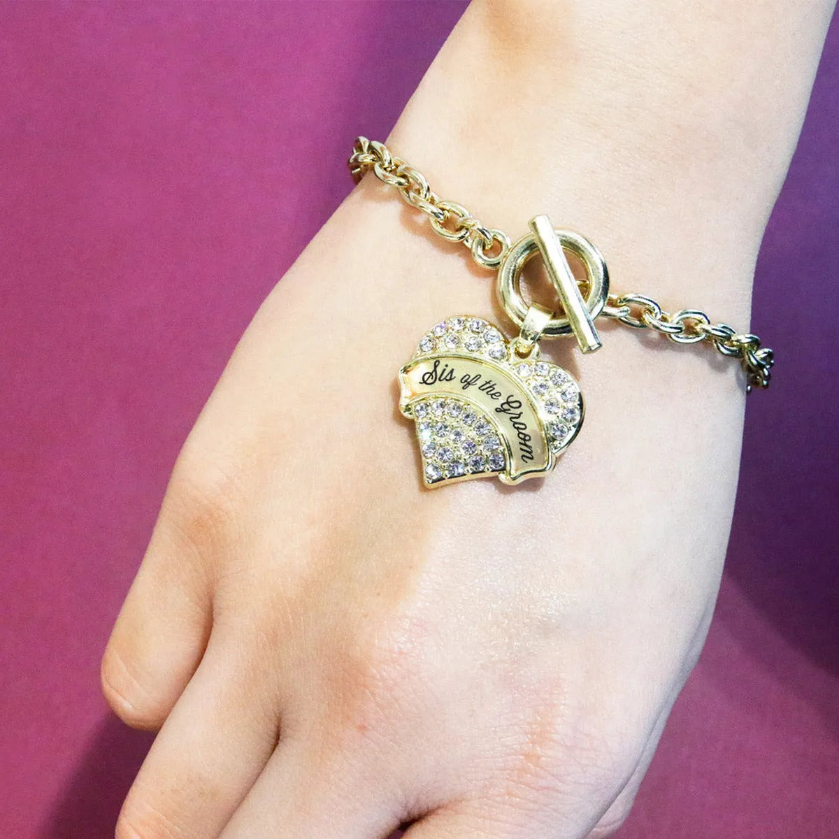 Gold Clear Sis of the Groom Pave Heart Charm Toggle Bracelet