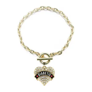 Gold Diabetic Medical Alert Pave Heart Charm Toggle Bracelet