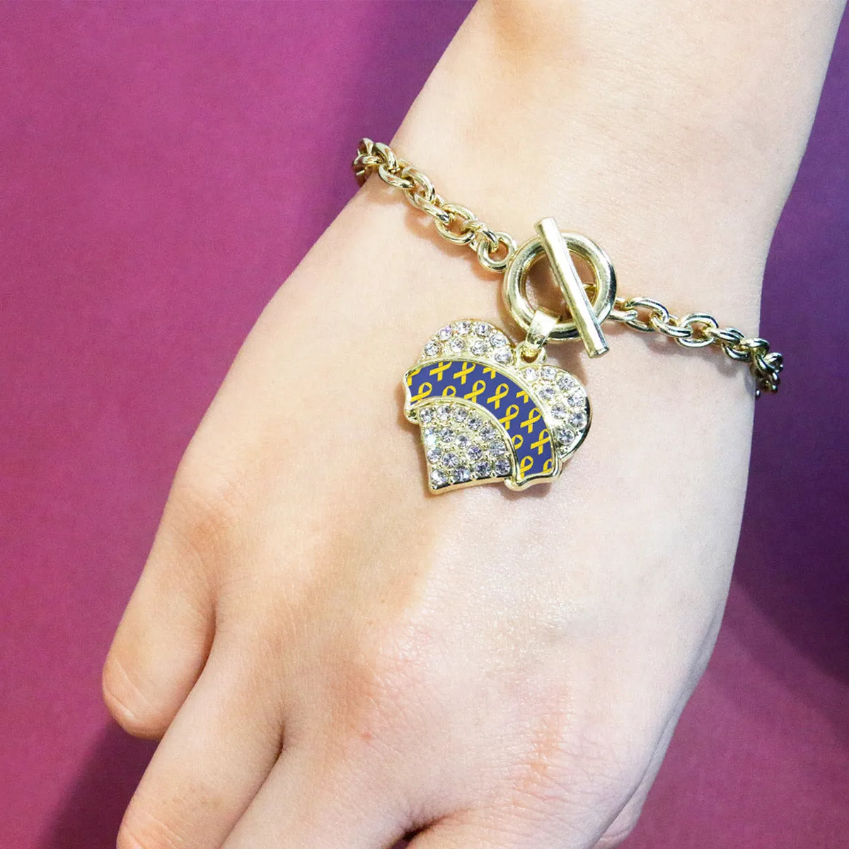 Gold Down Syndrome Awareness & Support Pave Heart Charm Toggle Bracelet