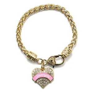 Gold Light Pink Flower Girl Pave Heart Charm Braided Bracelet