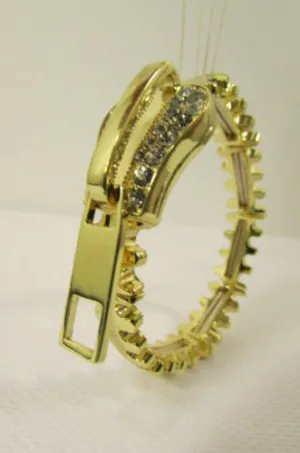 Gold Metal Thin Bracelet Big Zipper Silver Rhinestones