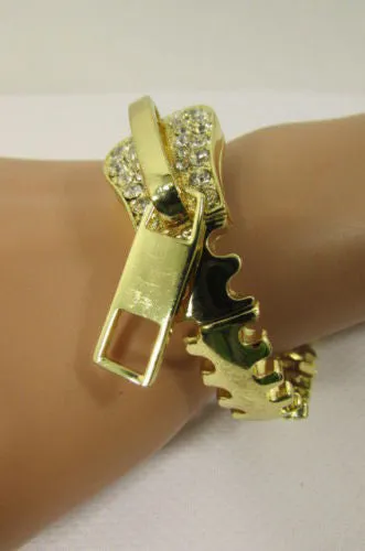 Gold Metal Thin Bracelet Big Zipper Silver Rhinestones