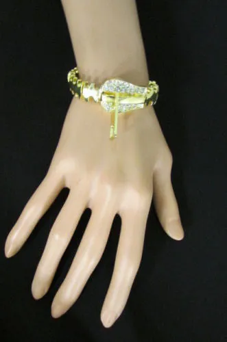 Gold Metal Thin Bracelet Big Zipper Silver Rhinestones