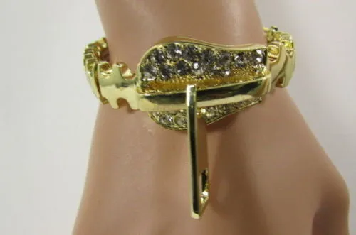 Gold Metal Thin Bracelet Big Zipper Silver Rhinestones