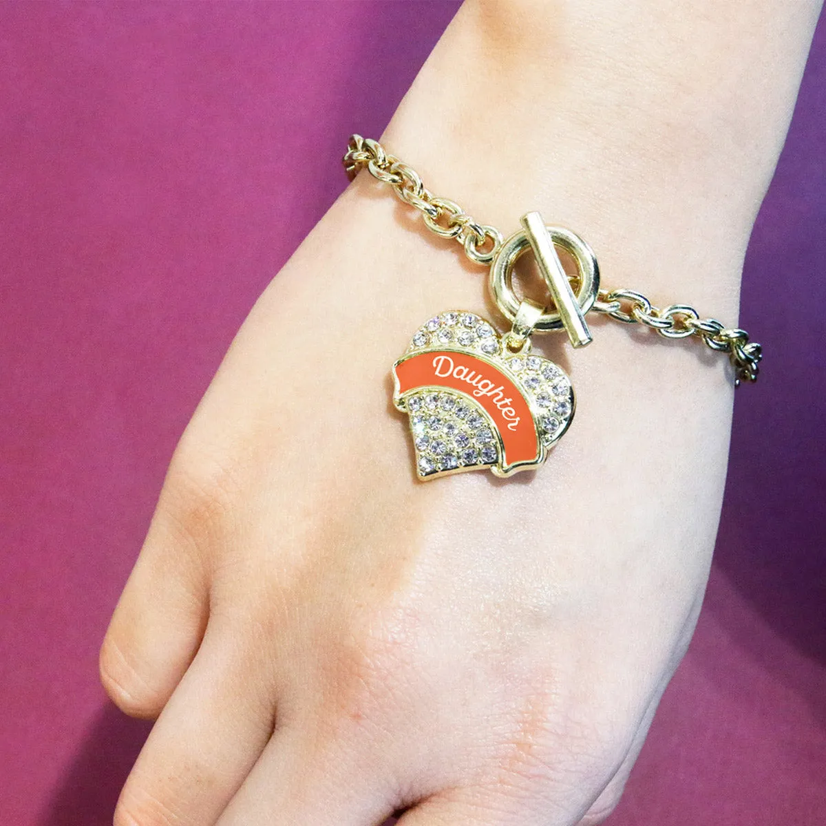 Gold Orange Daughter Pave Heart Charm Toggle Bracelet