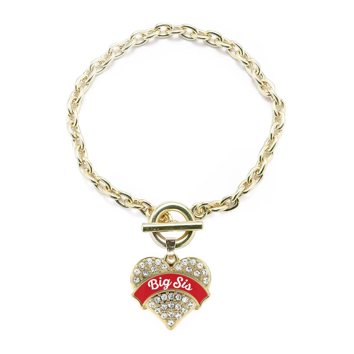 Gold Red Big Sis Pave Heart Charm Toggle Bracelet