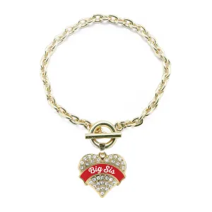 Gold Red Big Sis Pave Heart Charm Toggle Bracelet