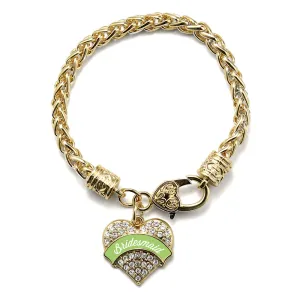 Gold Sage Green Bridesmaid Pave Heart Charm Braided Bracelet