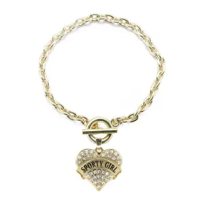 Gold Sporty Girl Pave Heart Charm Toggle Bracelet