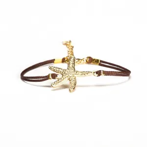 Gold starfish bracelet, brown cord, nautical jewelry