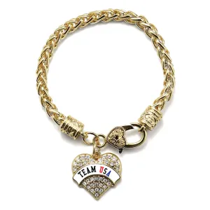 Gold Team USA - White Banner Pave Heart Charm Braided Bracelet