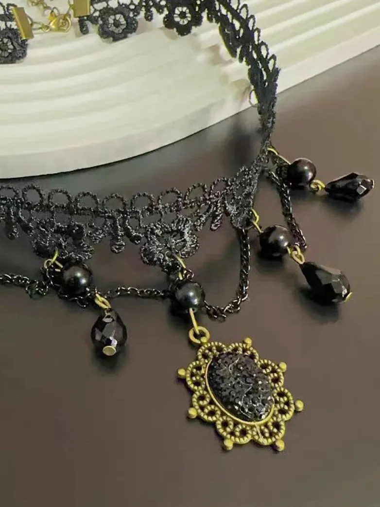 Gothic Lace Black Gemstone Necklace