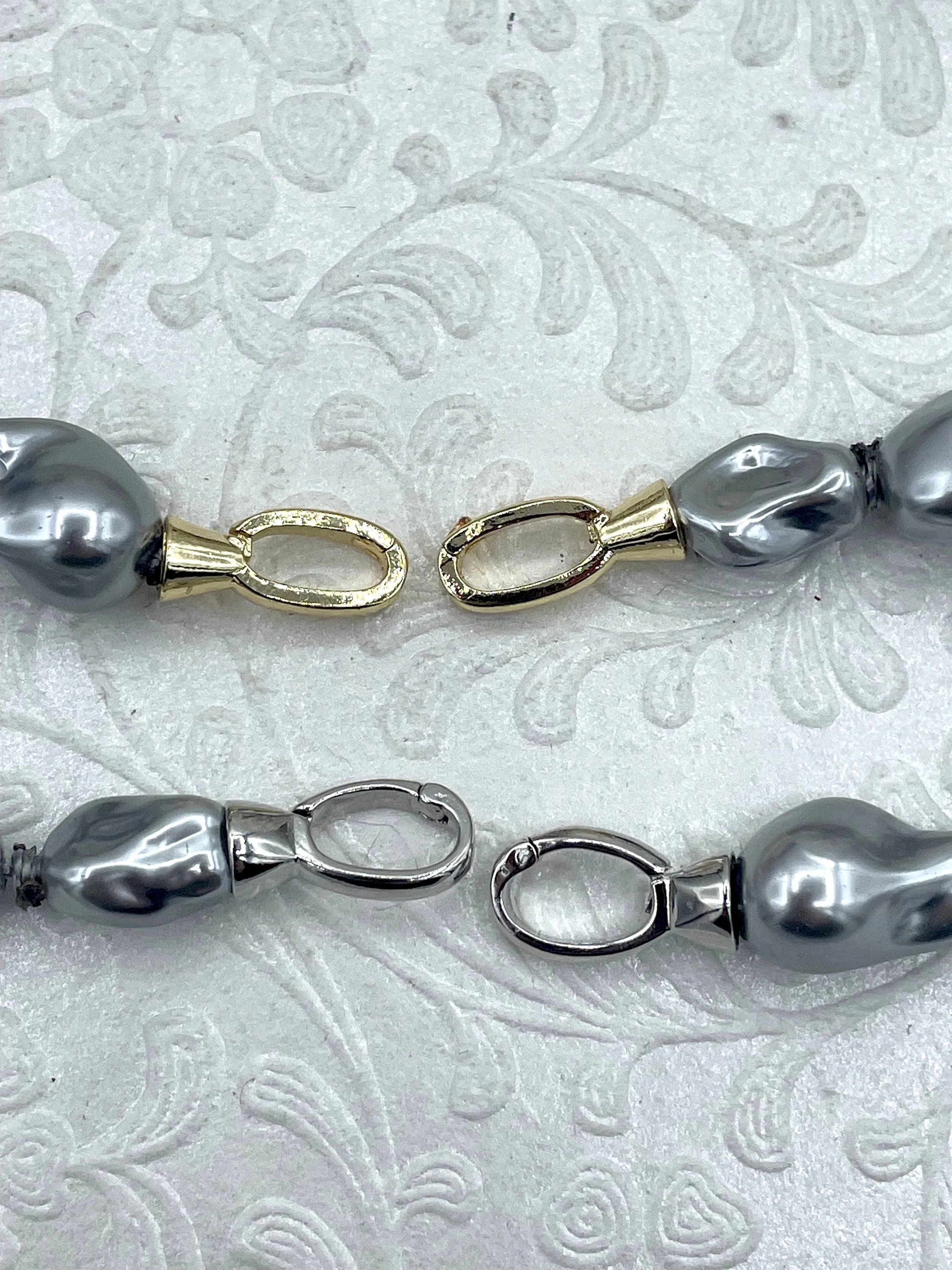 Hand Knotted Vintage Porcelain Grey Glass Pearl Replica Freshwater Baroque Shape, Gold or Silver Double Opening clasp, 18". Fast Ship