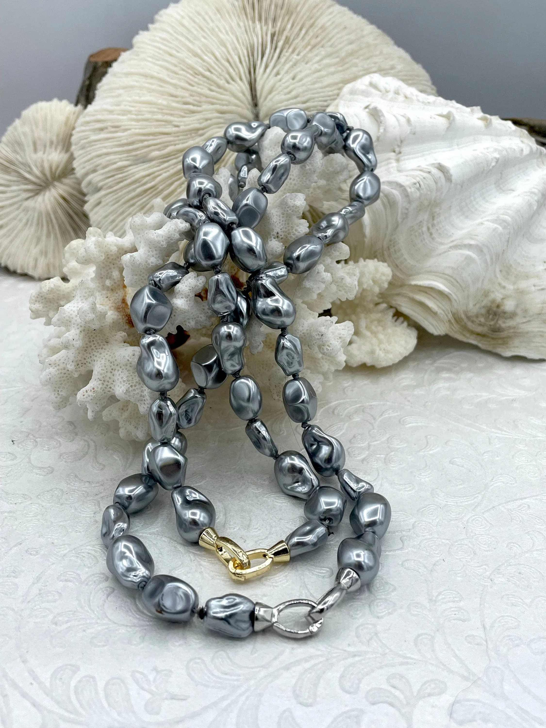 Hand Knotted Vintage Porcelain Grey Glass Pearl Replica Freshwater Baroque Shape, Gold or Silver Double Opening clasp, 18". Fast Ship