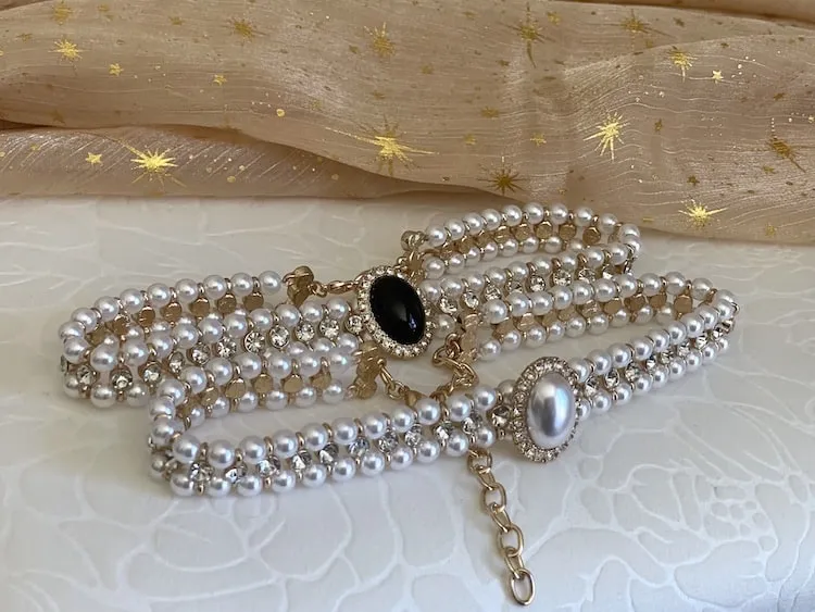 Historically Inspired Pearl Beaded Choker Necklace with Glass Crystal Accents in Black & Gold