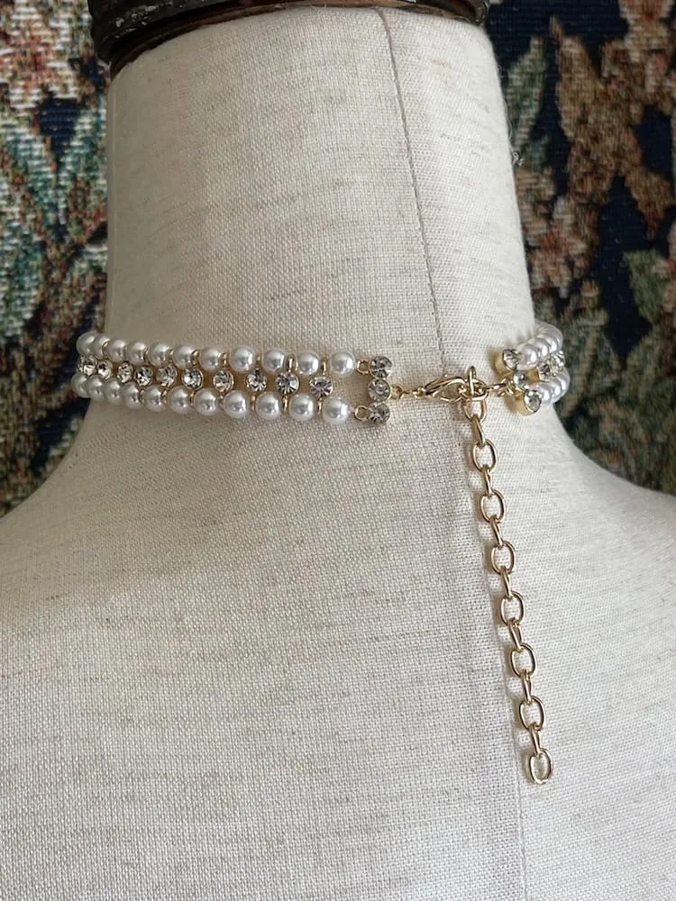 Historically Inspired Pearl Beaded Choker Necklace with Glass Crystal Accents in Black & Gold