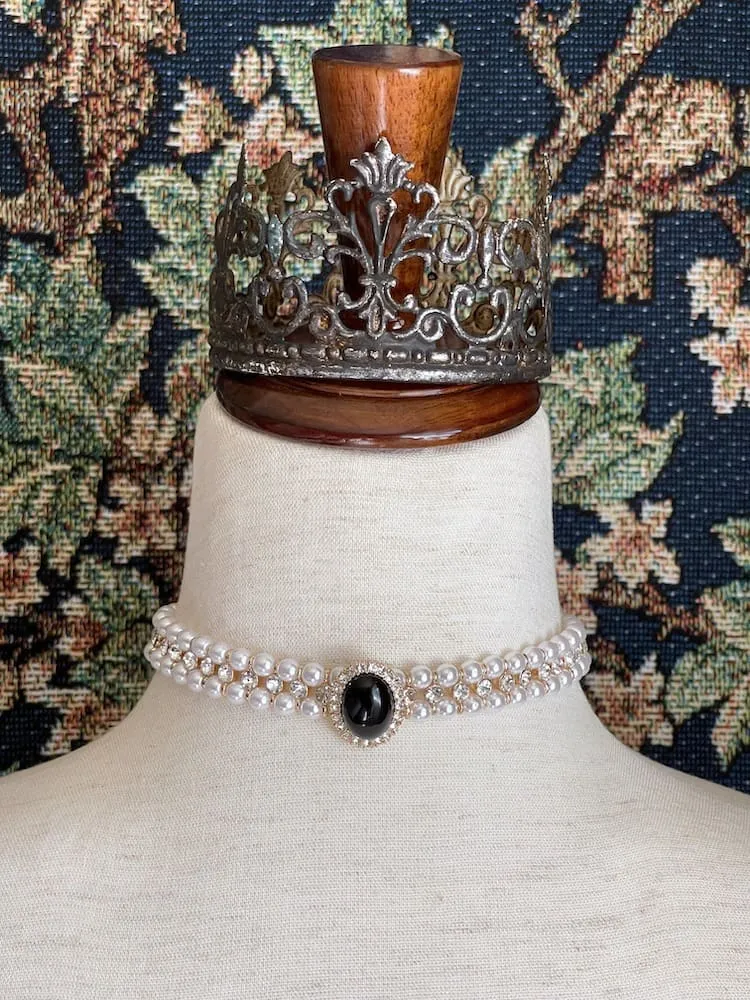 Historically Inspired Pearl Beaded Choker Necklace with Glass Crystal Accents in Black & Gold