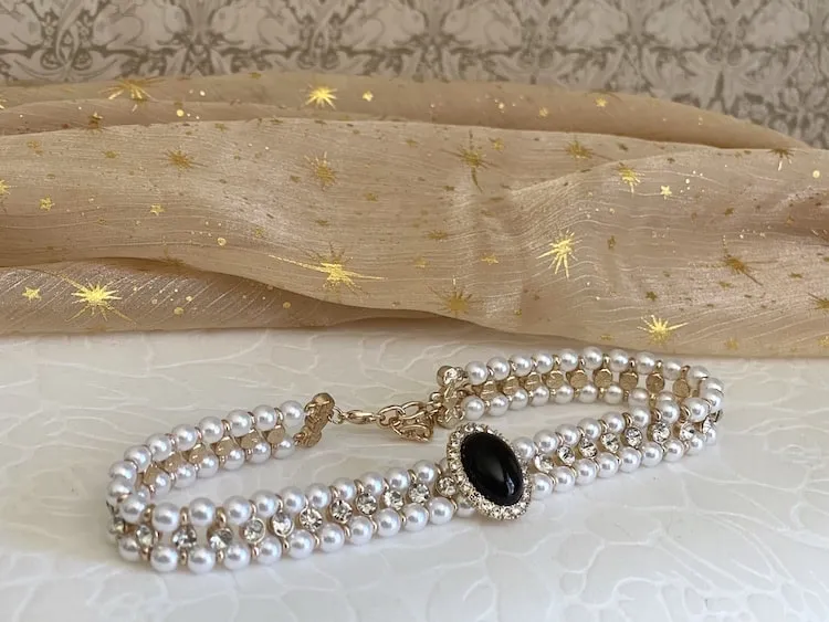 Historically Inspired Pearl Beaded Choker Necklace with Glass Crystal Accents in Black & Gold