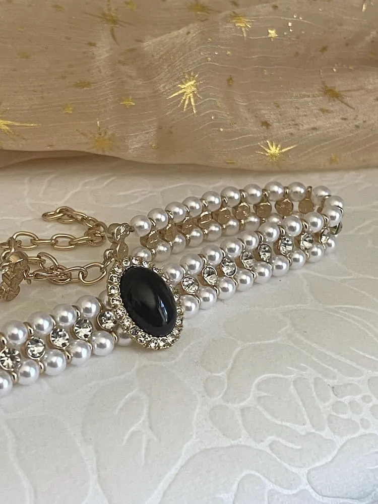 Historically Inspired Pearl Beaded Choker Necklace with Glass Crystal Accents in Black & Gold