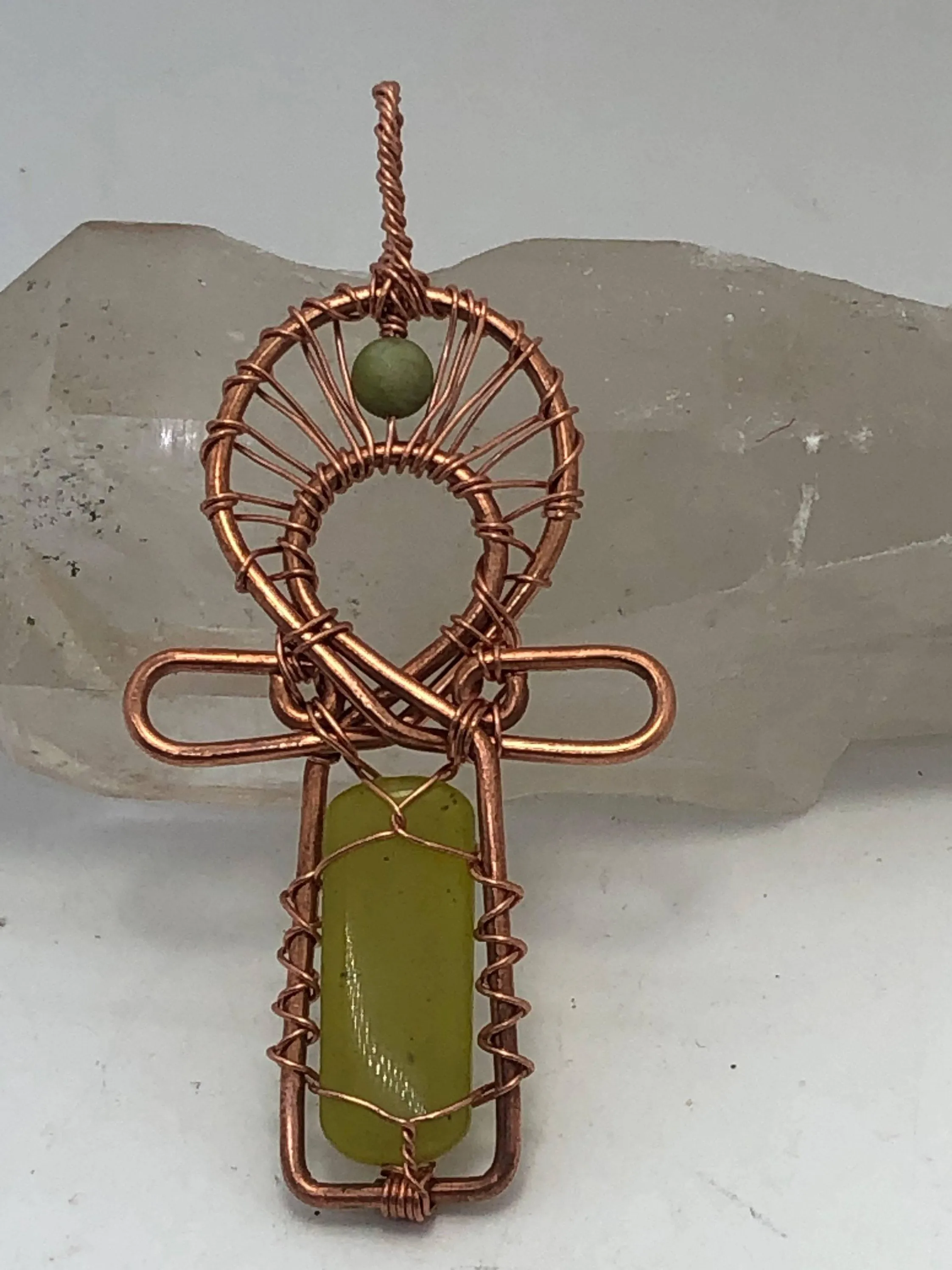 Jade Copper Egyptian Kemetic Coptic Cross  Ankh Wirewrapped Wearable Pendant Necklace FREE SHIPPING