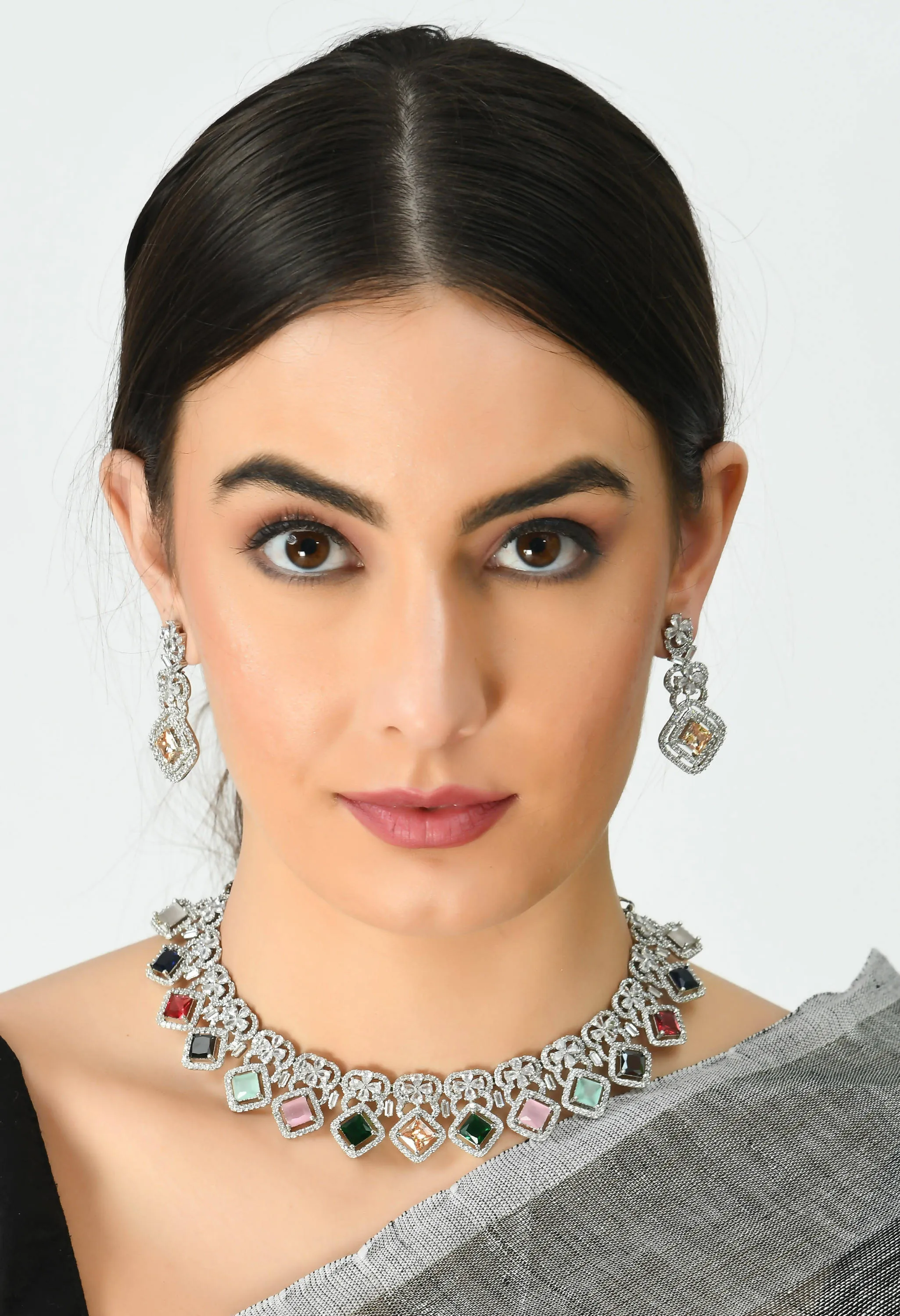 Kamal Johar American Diamond Silver-Plated Multi Jewellery Set Jkms_065