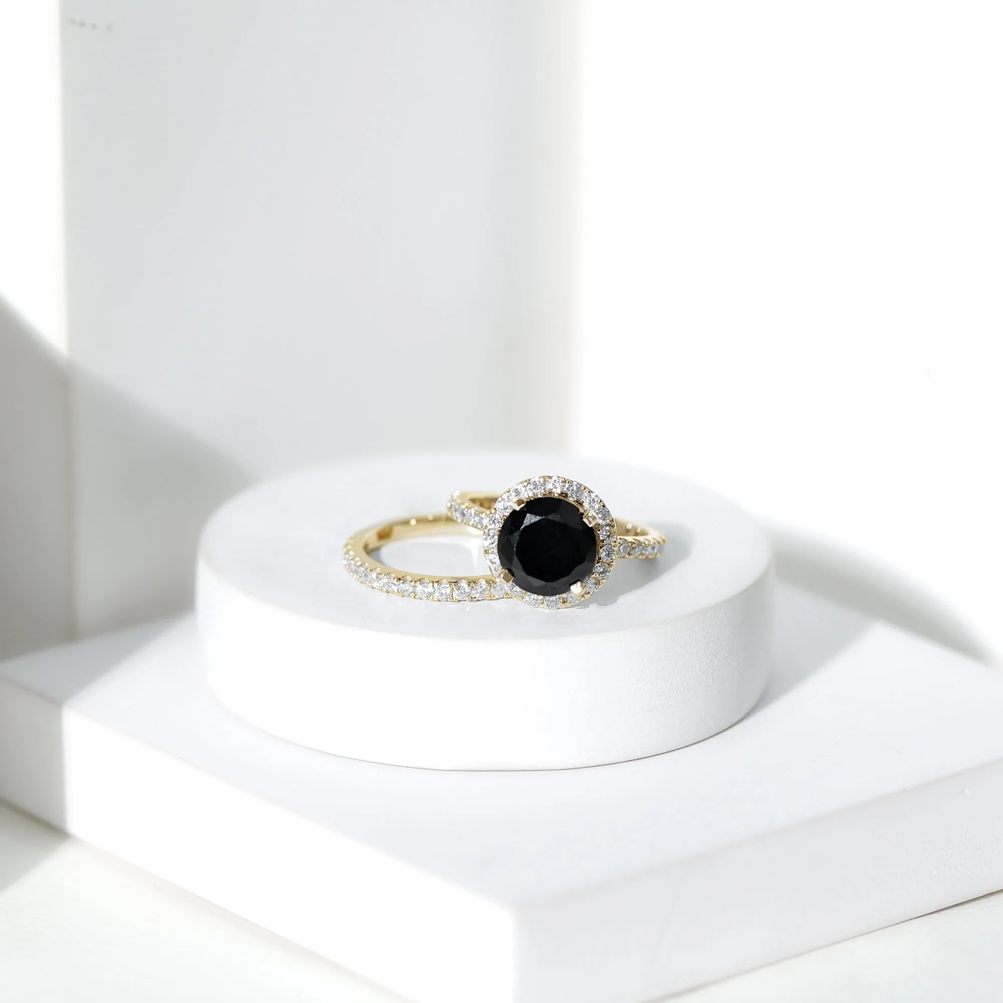 Lab Grown Black Diamond and Moissanite Halo Wedding Ring Set