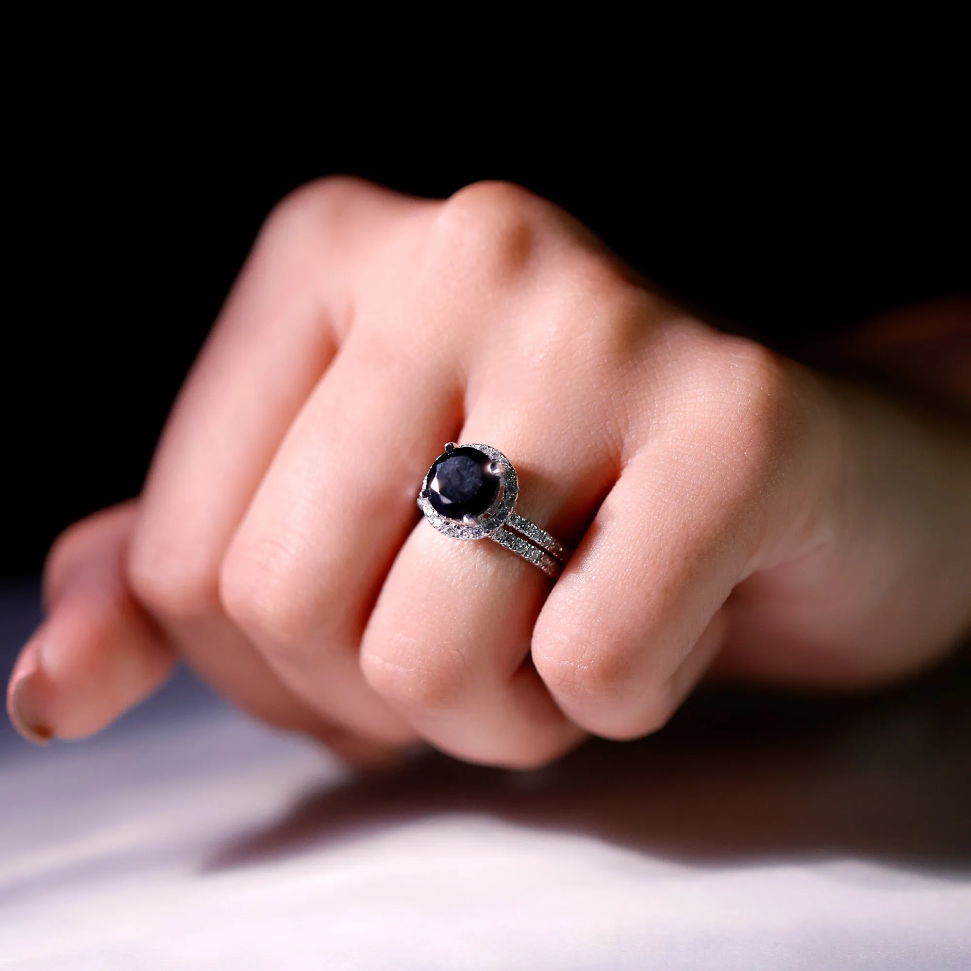 Lab Grown Black Diamond and Moissanite Halo Wedding Ring Set