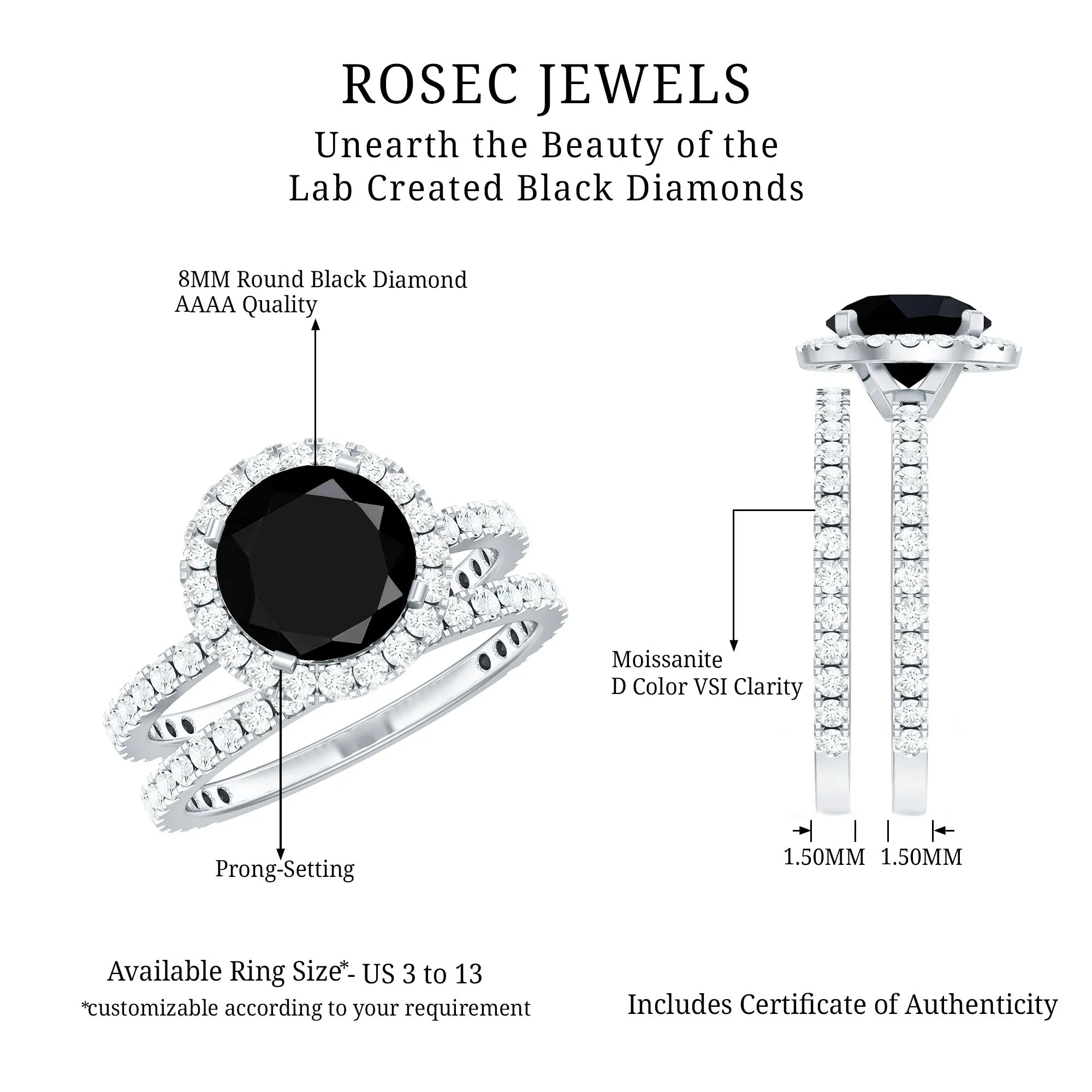 Lab Grown Black Diamond and Moissanite Halo Wedding Ring Set