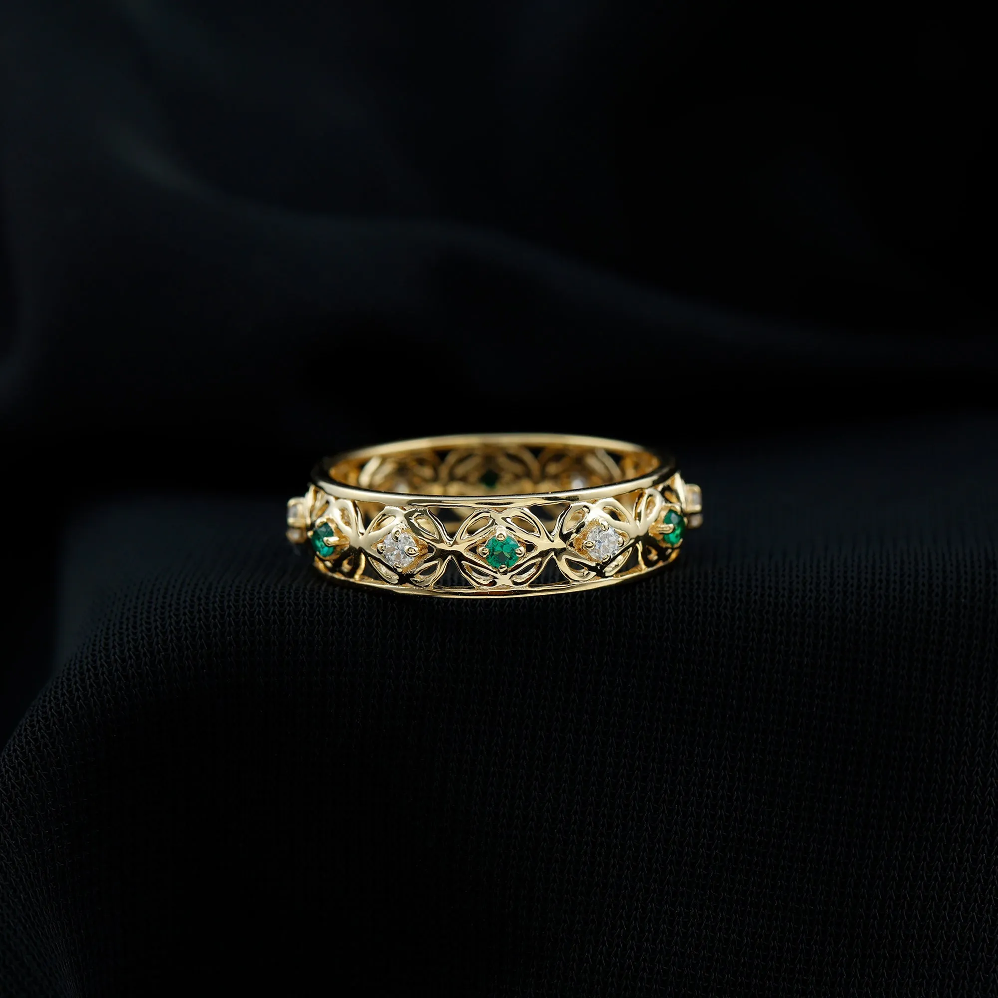 Lab Grown Emerald and Moissanite Celtic Wedding Band Ring