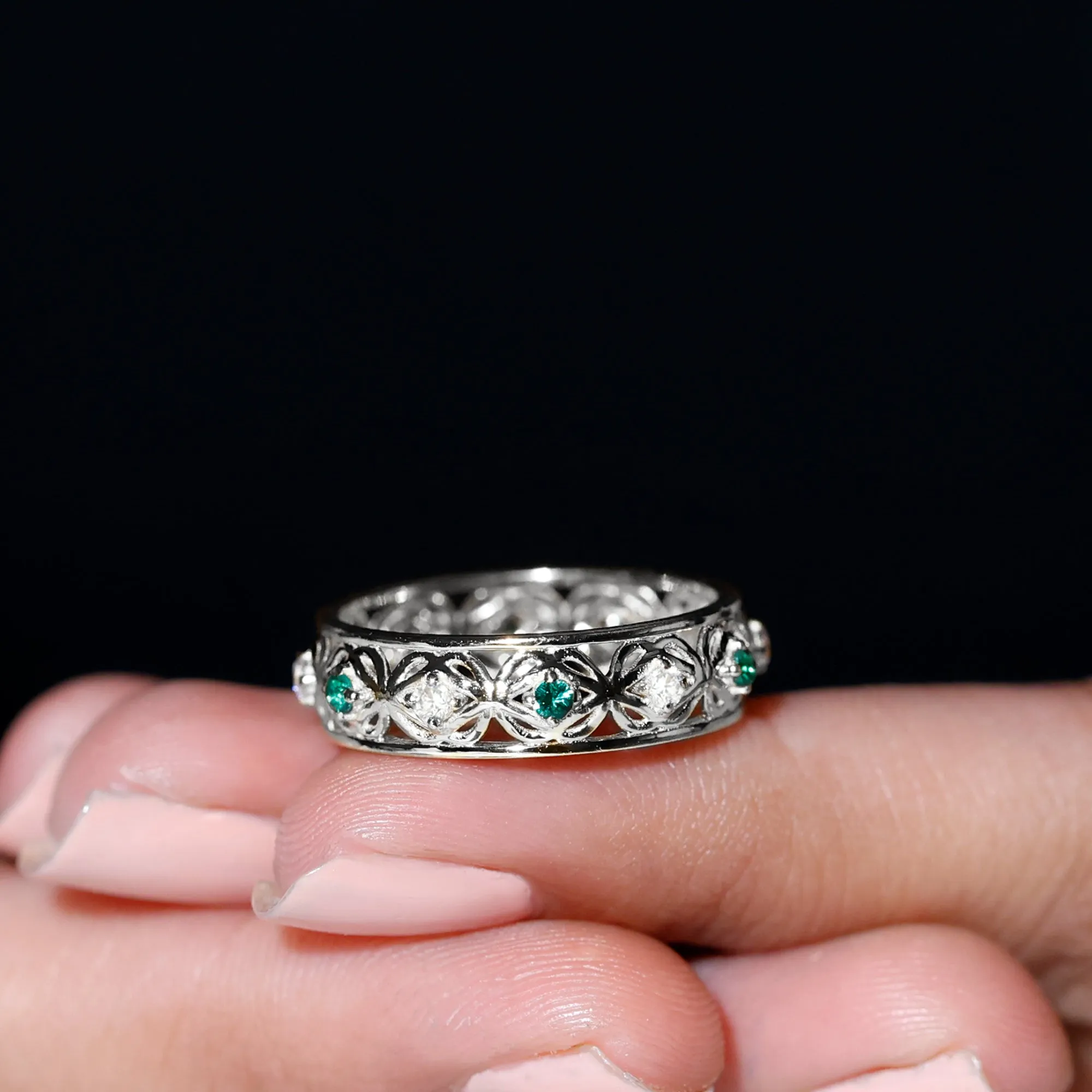 Lab Grown Emerald and Moissanite Celtic Wedding Band Ring