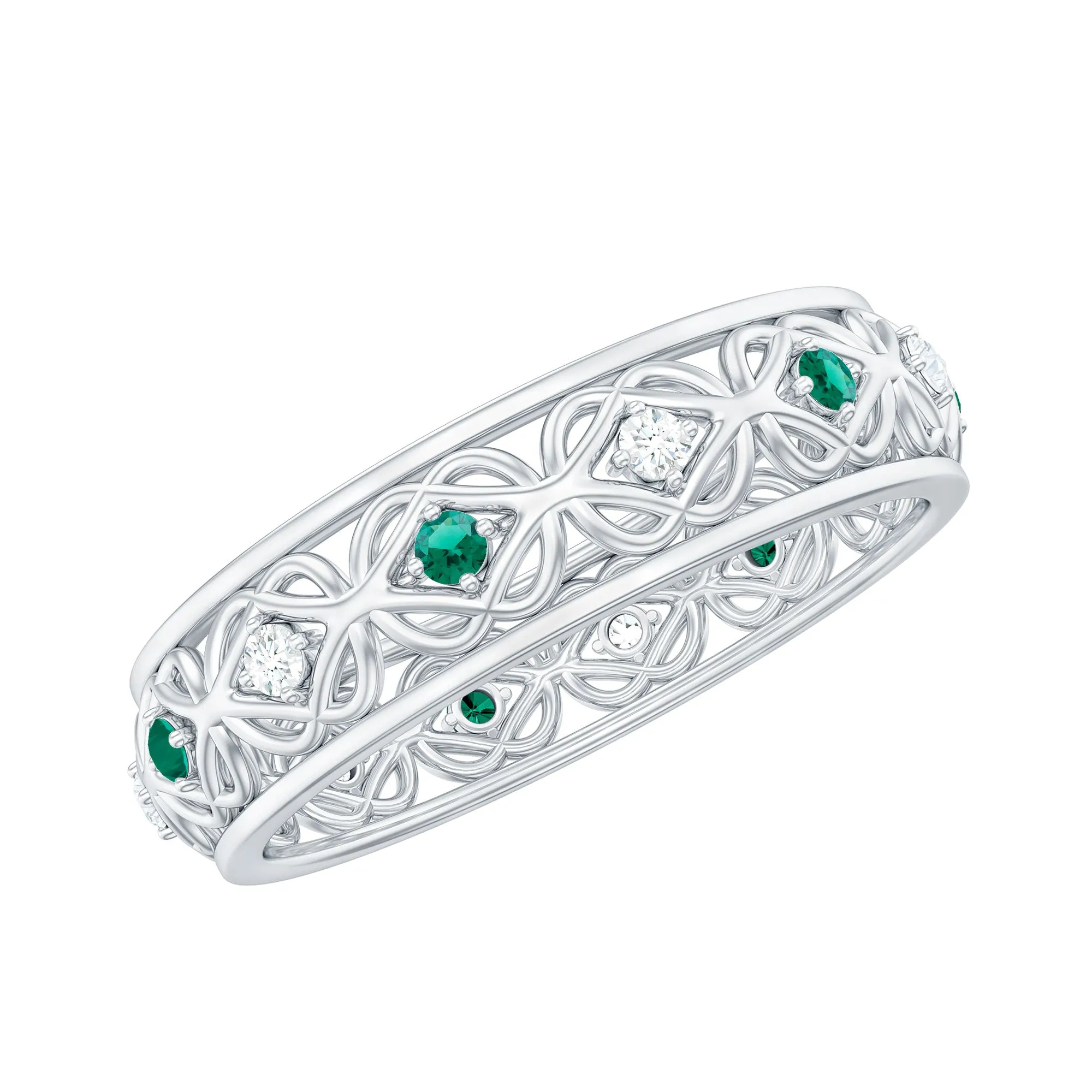 Lab Grown Emerald and Moissanite Celtic Wedding Band Ring